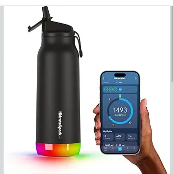 HidrateSpark Black Smart Water Bottle with LED Base - Picture 1 of 4